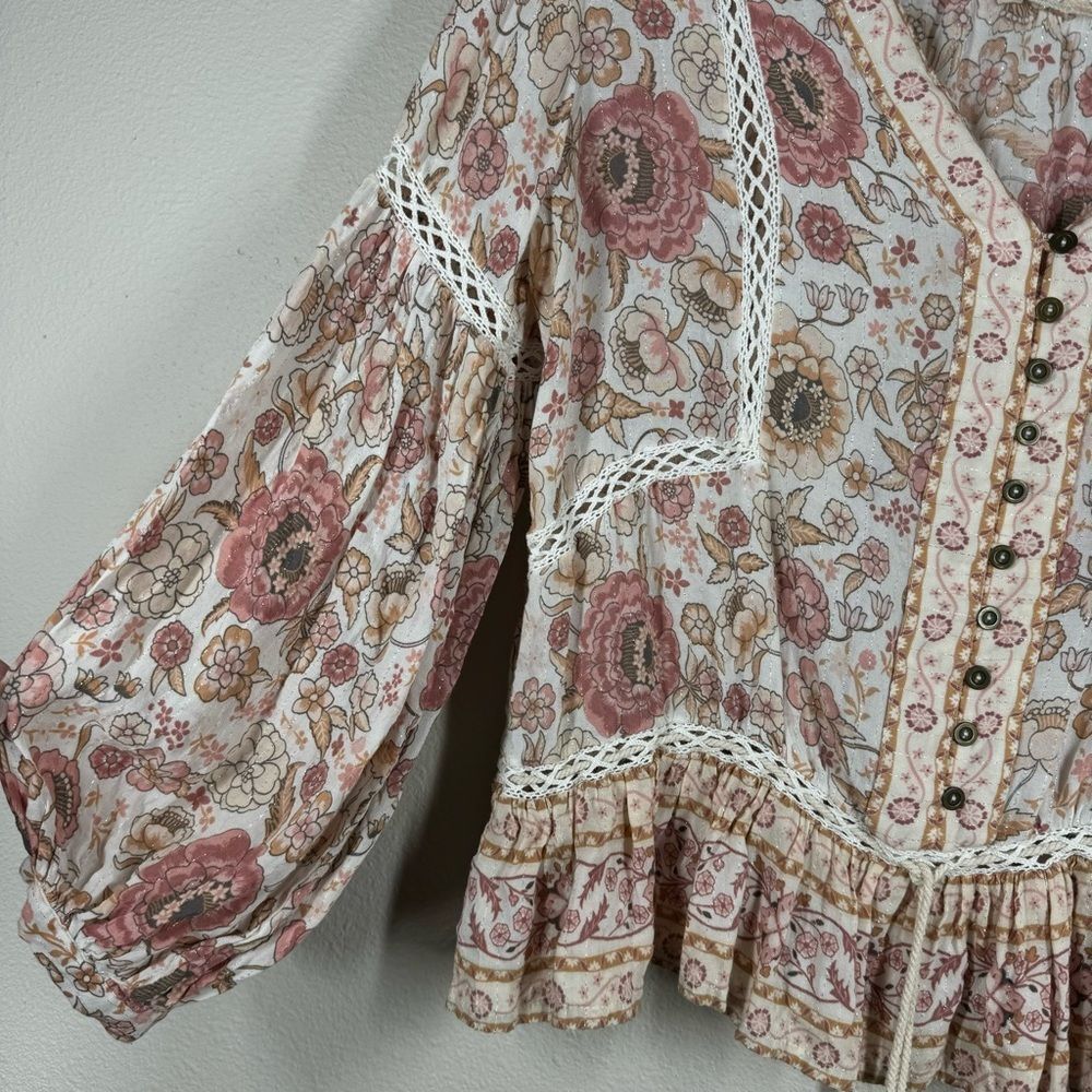 Spell And The Gypsy Long Sleeve Zahara Blouse Top Floral Metallic Tassel Medium - Picture 4 of 11